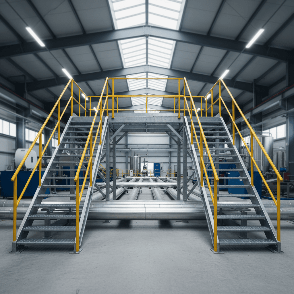 Crossover stair system spanning over industrial pipes