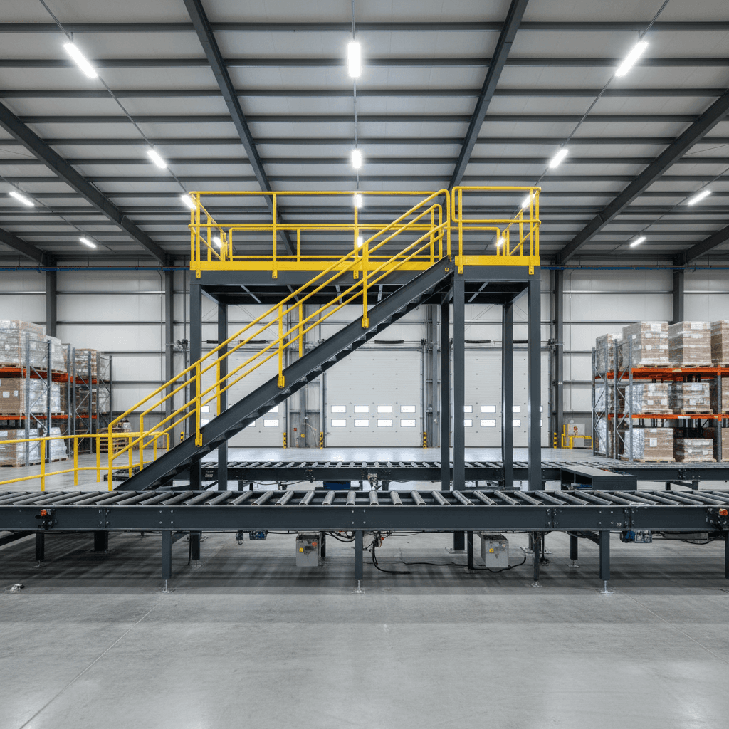 Industrial crossover stairs in a warehouse facility
