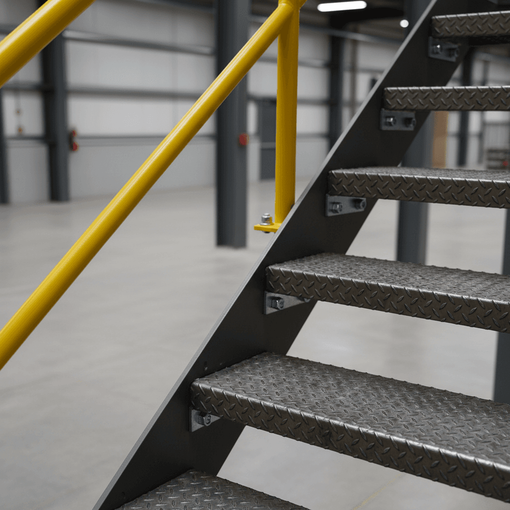 OSHA-compliant crossover stair with guardrails and anti-slip treads