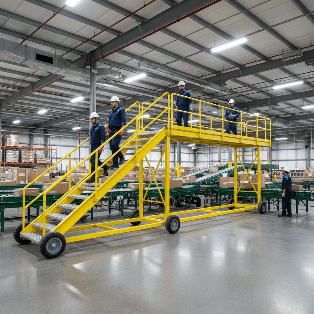 Crossover stairs in a warehouse environment